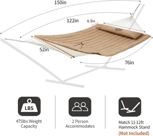 Miniatura 6 de CHULIM - Hamaca doble para exteriores con barras separadoras de madera dura, hamaca grande de cuerda con almohada de poliéster y cojín, capacidad