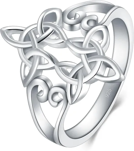 Miniatura 2 de Anillo de plata de ley 925 Boruo con nudo celta de corazón y cruz de alto pulido, resistente al deslustre, anillo apilable para boda