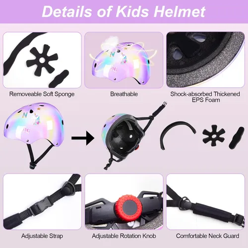 Miniatura 5 de Casco para niños, casco de bicicleta para niños pequeños con pegatinas DIY Unicornio, rodilleras y coderas ajustables, juego de protección para Rosa