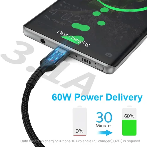 Miniatura 2 de 1.5 pies de cable de carga USB C, paquete de 2 cables trenzados USB C a USB C de 60W/3A, cable CarPlay USBC compatible con iPhone 15, Samsung Galaxy