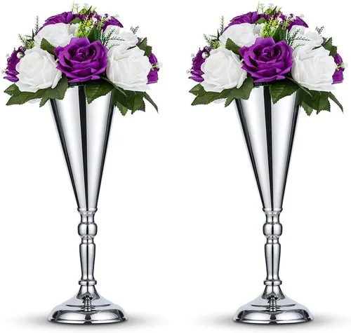 Miniatura 19 de 2 piezas de jarrón de metal para mesa de boda con flores en forma de trompeta, centro de mesa decorativo de 9.8 pulgadas, arreglos de flores