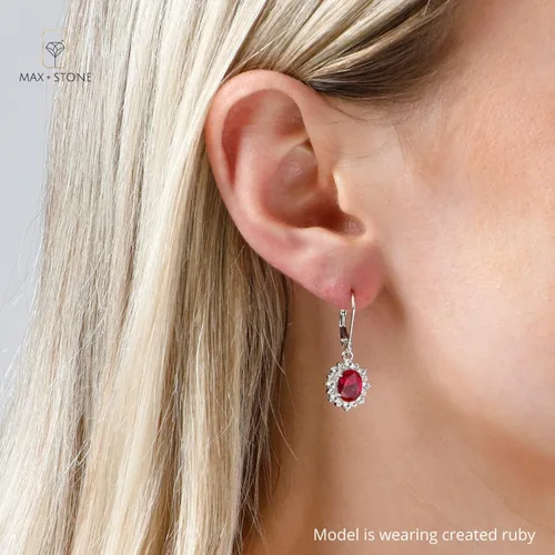 Miniatura 2 de MAX + STONE - Aretes colgantes ovalados de plata de ley 925 con halo y explosión de sol para mujer, piedra natal de 0.315 x 0.236 in con cierre