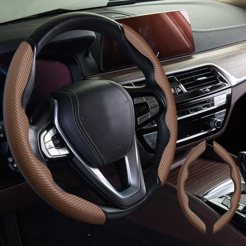 Miniatura 24 de WOCOCN 2 fundas para volante de automóvil, protector antideslizante de fibra de carbono para hombres y mujeres, múltiples opciones de color, Beige