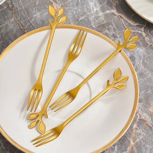 Miniatura 4 de AnSaw Juego de 10 Tenedores de Postre Mini Hoja Dorados - 4.7" Elegantes Tenedores de Acero Inoxidable para Frutas, Aperitivos, Pasteles y Ensaladas