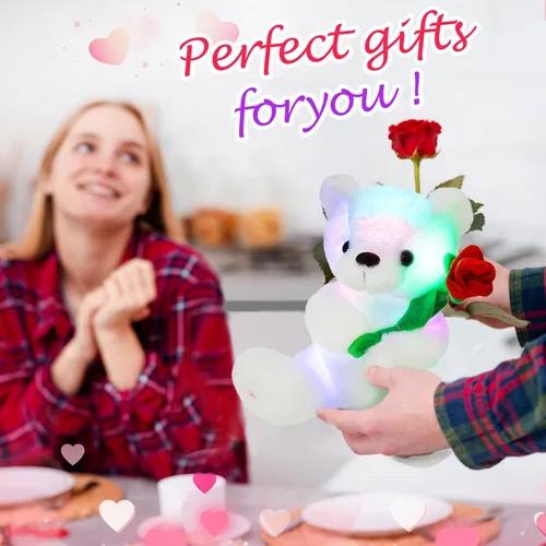 Miniatura 5 de Houwsbaby Oso de peluche brillante con oso blanco y rosa, juguete de peluche suave con luces LED de noche, cumpleaños, Navidad, para niños pequeños