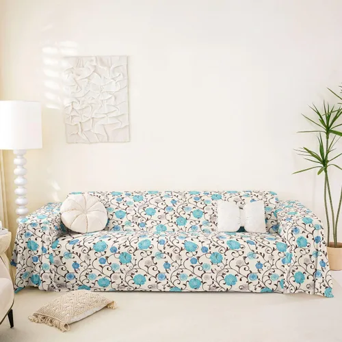 Erosebridal Funda de sofá floral de 71 x 91 pulgadas, diseño de loto, antideslizante, acuarelas, diseño de hojas de flores azules, con pintura en
