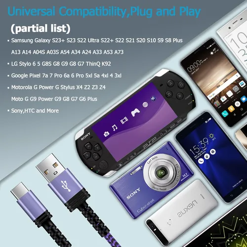 Miniatura 7 de Cable de carga USB C, cable de alimentación para teléfono Android, paquete de 3 unidades, trenzado USB A a tipo C, cable de carga rápida
