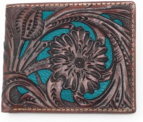 Western Genuine Tooled Leather Laser Cut Cartera corta plegable para hombre en 8 colores, CaféTurquesa, Classic