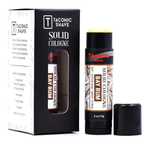 Taconic Shave All-Natural Bay Rum Scent Colonia sólida para hombre, portátil y fácil de aplicar, fabricada artesanalmente en los Estados Unidos