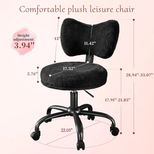 Miniatura 2 de Homkdom Silla de tocador con ruedas, bonita silla de escritorio con respaldo de lazo, silla de oficina pequeña de piel de conejo sintética esponjosa