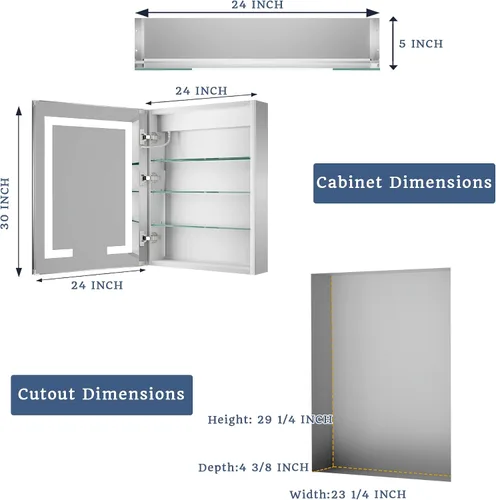 Miniatura 2 de ExBrite Botiquín de baño con iluminación LED con espejo, 24 x 30 pulgadas, empotrado o montaje en superficie, antivaho, atenuación continua, ajuste