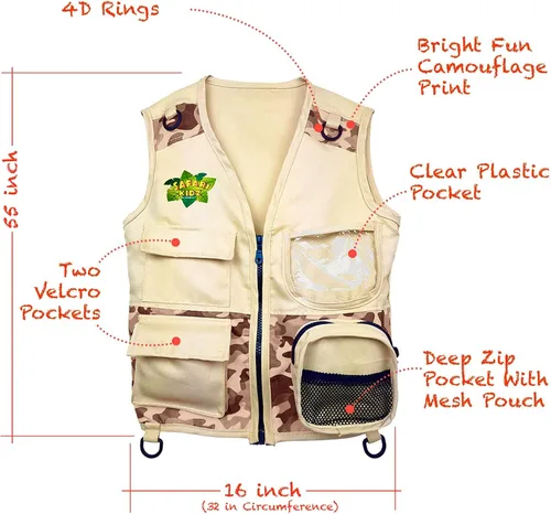 Miniatura 3 de Safari Kidz - Kit de explorador al aire libre, juego de chaleco y sombrero de camuflaje bronceado, aventuras de la naturaleza en el patio trasero