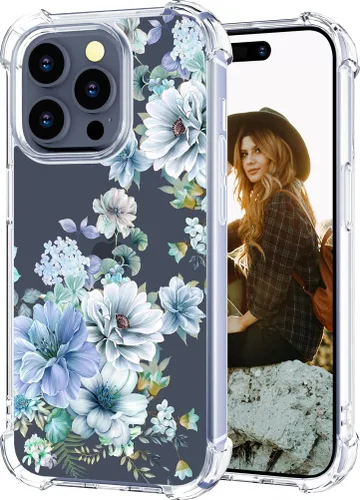 Miniatura 75 de Hungo Funda compatible con iPhone 15 Plus para mujer, diseño floral transparente, lindo, flor azul rosa Rosas Azules