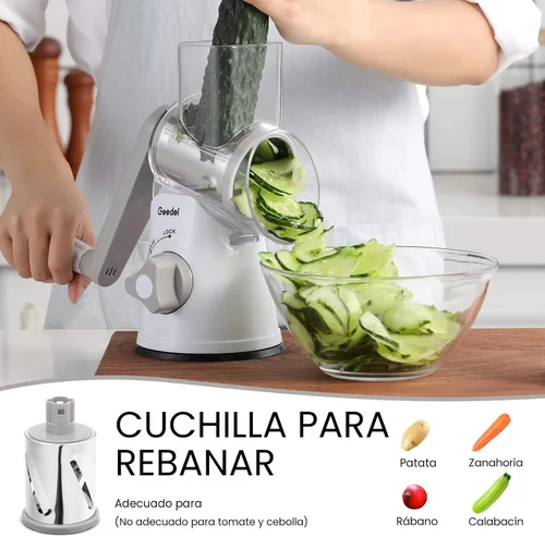Miniatura 3 de Rallador de queso giratorio Geedel, rallador de mandolina de cocina para vegetales con 3 cuchillas intercambiables, rallador giratorio fácil