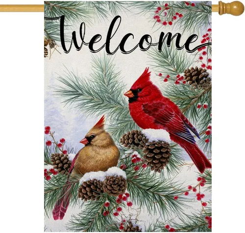 Miniatura 10 de Banderas de jardín de invierno de bienvenida para decoración exterior, bandera de patio pequeño con ramitas de pino cardenal, decoración de Navidad