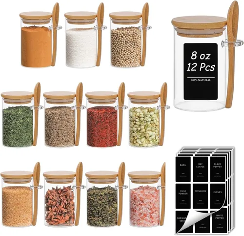 Miniatura 12 de ComSaf Tarros de especias con etiquetas de 4 onzas, paquete de 6 recipientes pequeños para especias, tarros de condimentos de vidrio con tapas