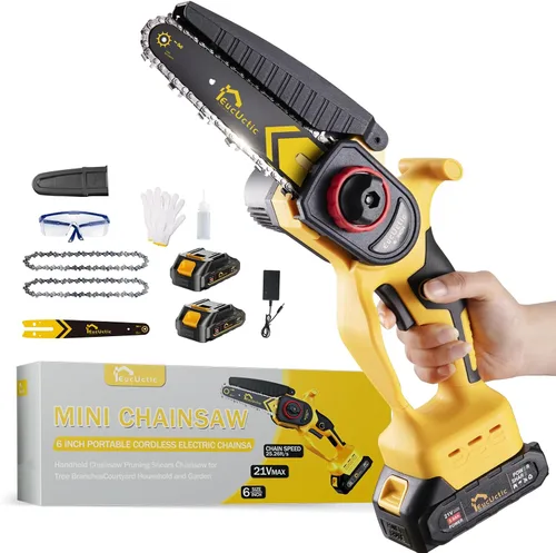 Mini motosierra inalámbrica de 6 pulgadas, motosierra pequeña con batería de 2.0 Ah, motosierra eléctrica de mano, ligera, segura para cortar