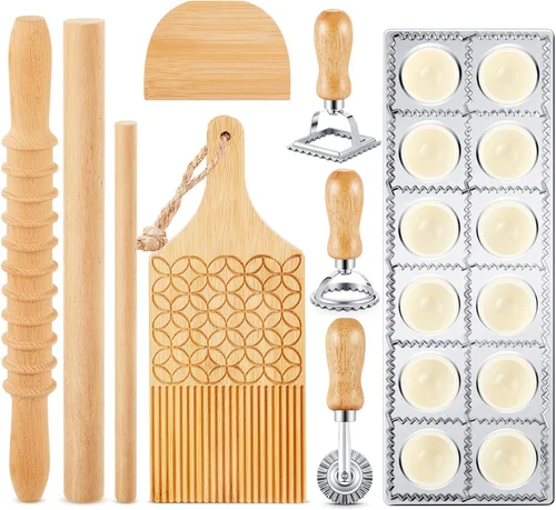 Miniatura 7 de Tioncy Juego de 7 piezas de herramientas para hacer pasta con tabla de gnocchi de madera, sello para raviolis, fabricante de raviolis y rodillo