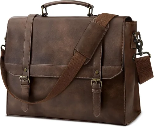 Miniatura 7 de Bolso de mensajero IGOLUMON para hombres de 15.6 pulgadas, bolso de cuero vintage impermeable para computadora, maletín para hombres, bolso grande