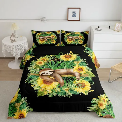 Miniatura 11 de Erosebridal Juego de edredón de perezoso tamaño individual, bonito edredón de plumón de perezoso en árbol para niños y niñas, juego de ropa de cama