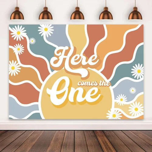 Miniatura 2 de Mocsicka Fondo de sol para primer cumpleaños con texto en inglés "Here Comes The One", retro, bohemio, decoración de fiesta de primer cumpleaños