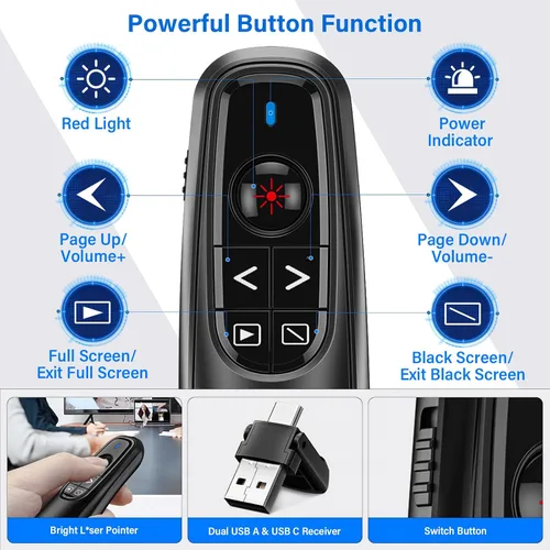 Miniatura 2 de 2 en 1 USB tipo C Presentación Clicker, Wireless Presentation Clicker PowerPoint Presenter Remote con control de volumen, PowerPoint Clicker