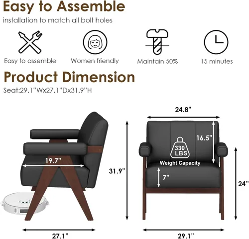 Miniatura 2 de STHOUYN Sillas decorativas de cuero negro, silla moderna de mediados de siglo, sillas con brazos laterales para sala de estar, sillas de oficina