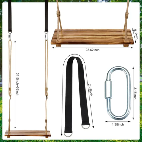 Miniatura 2 de Hollowfly 2 Piezas Asiento de Columpio de Madera Carbonizada Colgante Columpio de Árbol de Madera con Cuerda Ajustable Anticorrosivo Impermeable