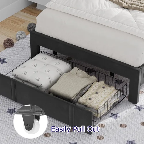 Miniatura 4 de VECELO Base de cama de tamaño individual con cajón de almacenamiento, base de cama de plataforma resistente con cabecera y fuerte soporte de Negro
