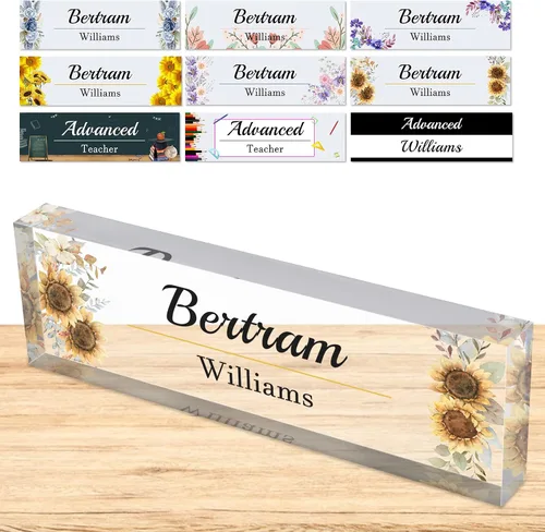 Miniatura 27 de Placa de nombre personalizada para escritorio, placas de nombre personalizadas para hombres y mujeres, diseño de girasol con logotipo de negocios