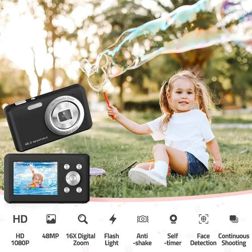 Miniatura 3 de Cámara Digital, Cámara Compacta FHD 1080P con Tarjeta de 32GB, Cámara de 48MP LCD de 2.4'' Zoom Digital 16X para Niño Estudiante Niños Adolescente