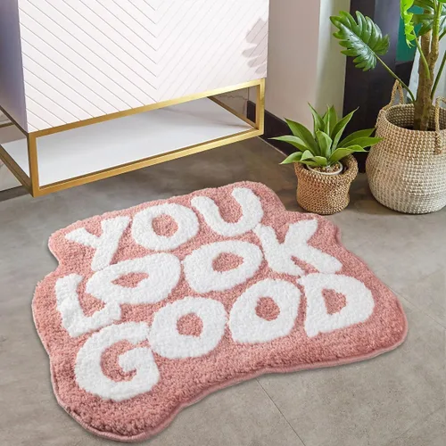 Miniatura 14 de Alfombra de baño negra con texto en inglés "You Look Good", alfombra de baño divertida, bonita, antideslizante, de microfibra, de felpa, pequeña