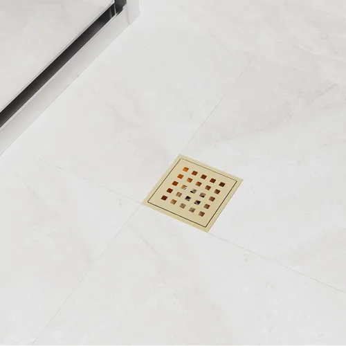 Miniatura 8 de Desagüe de ducha cuadrado de 4 pulgadas con brida, kit de drenaje de suelo de ducha de azulejos dorados cepillados, acero inoxidable 304, rejilla