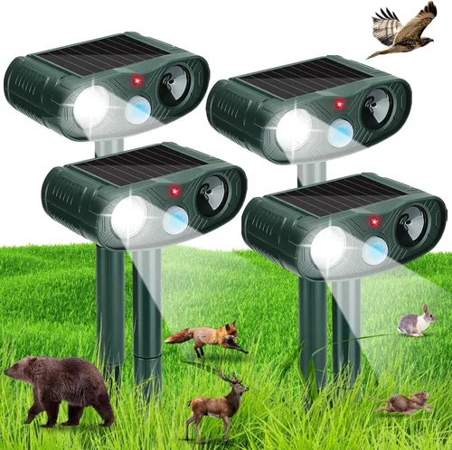 Paquete de 4 repelentes solares ultrasónicos de animales para exteriores: dispositivos repelentes de ciervos mejorados y repelente de gatos para