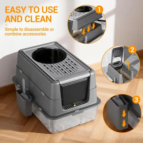 Miniatura 3 de Caja de arena para gatos de acero inoxidable con tapa, caja de arena de metal cubierta cerrada con tapa abatible de 180°, caja para gatos de alta
