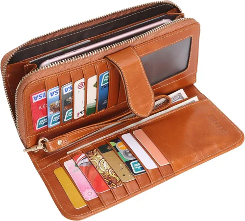 Miniatura 4 de HESHE Cartera de cuero para mujer, tarjetero de gran capacidad, con cremallera alrededor de la cartera plegable