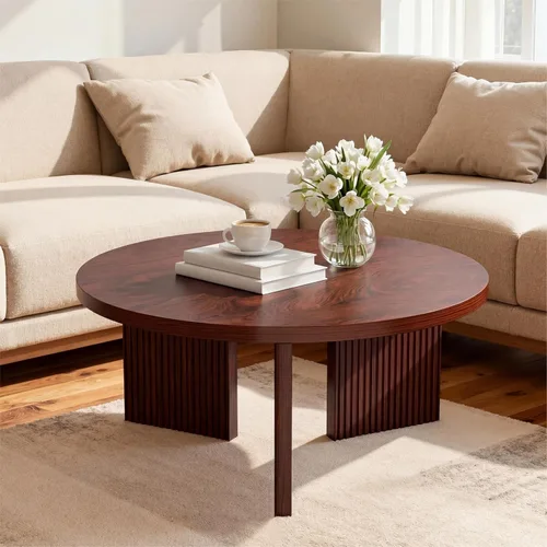 Miniatura 11 de Mesa de café redonda de madera, mesa de café de 35" con mesa gruesa y lisa, mesa central baja circular con patas estables en forma de X, mesa de té