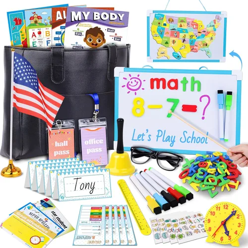 Miniatura 7 de Juegos de simulación escolar de Gifts2U para niños - Con bolsa de maestra, pizarra, reloj educativo, carteles educativos y suministros de juguetes