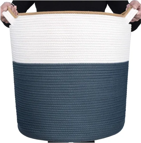 Miniatura 9 de MINTWOOD Design Cesta decorativa de cuerda de algodón tejida extra grande de 20 x 18 pulgadas, cesta alta para ropa sucia, cesta de manta para sala
