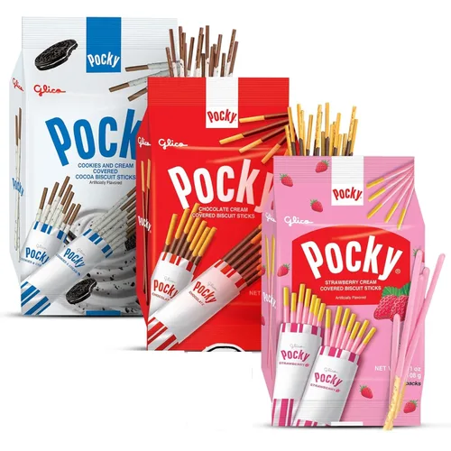 Palitos Pocky, paquete de aperitivos japoneses de variedad de Pocky de 3 piezas de snacks asiáticos - Poky Stix de fresa, chocolate, galletas y