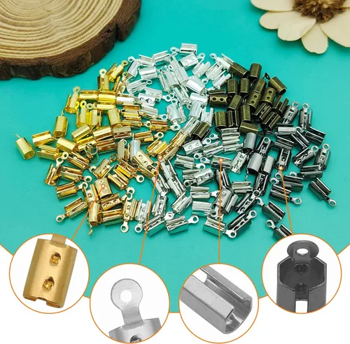 Miniatura 4 de 600 piezas de extremos de cordón plegables de acero inoxidable para fabricación de joyas, extremos plegables, cierre de abrazadera de cinta de cuero