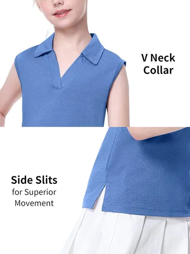 Miniatura 3 de EXARUS Camisetas polo de golf para niñas, sin mangas, cuello en V, tenis, atléticas, para ejercicio escolar de 5 a 12 años