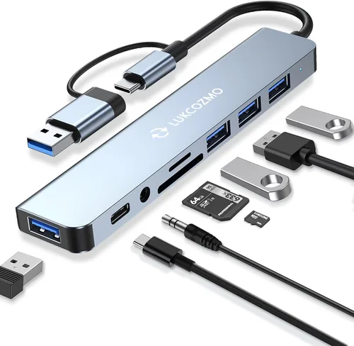 LUKCOZMO Hub USB Hub USB C Divisor USB 7 en 1 Extensor USB con 4 puertos USB, 1 puerto USBC, lector de tarjetas TF/SD, salida de audio compatible