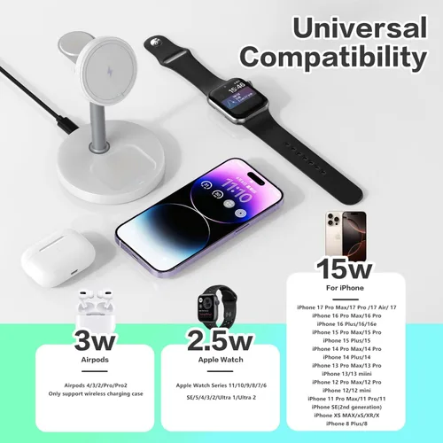 Miniatura 2 de Estación de carga inalámbrica 3 en 1 compatible con MagSafe, soporte de cargador magnético Mag-Safe de carga rápida de 15 W para Apple iPhone 17 16