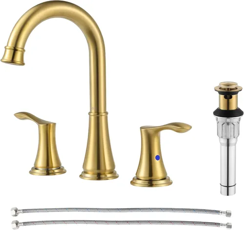 PARLOS Grifo de baño de doble manija de oro cepillado con desagüe emergente y líneas de suministro de grifo cUPC, Demeter 1365108