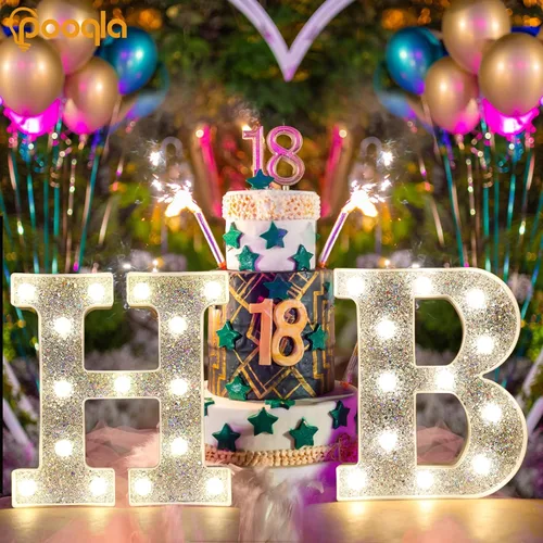 Miniatura 6 de Pooqla - Letras con luces LED para decoraciones de cumpleaños plateadas, letras de marquesina LED para decoración de habitación de adolescentes