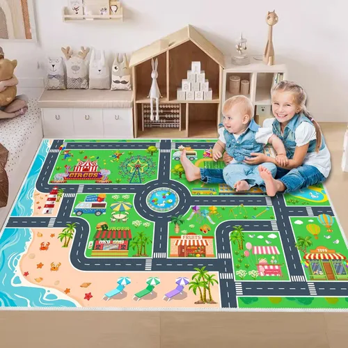 Miniatura 6 de Alfombra de juego para niños, alfombra de automóvil para autos y trenes de juguete para niños, alfombra de juego antideslizante para sala