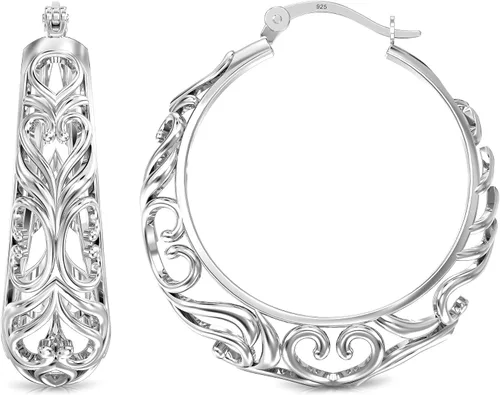 Miniatura 4 de LeCalla Aretes de aro gruesos de plata de ley 925 Aros de malla de filigrana con forma de corazón para mujer