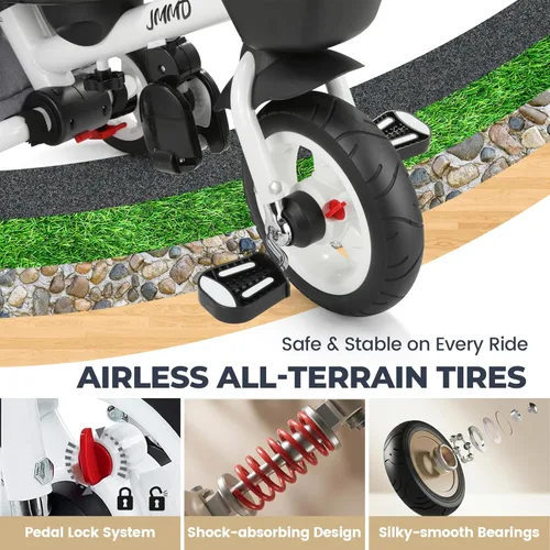 Miniatura 6 de JMMD Cochecito de triciclo 8 en 1 con asa de empuje, triciclo plegable con asiento giratorio de 360°, respaldo reclinable, ruedas todo terreno, Azul