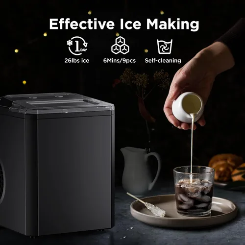 Miniatura 2 de Máquina de hielo para encimera, 9 cubos listos en 6 minutos, 26 libras en 24 horas, máquina de hielo autolimpiante con cuchara de hielo y cesta, 2
